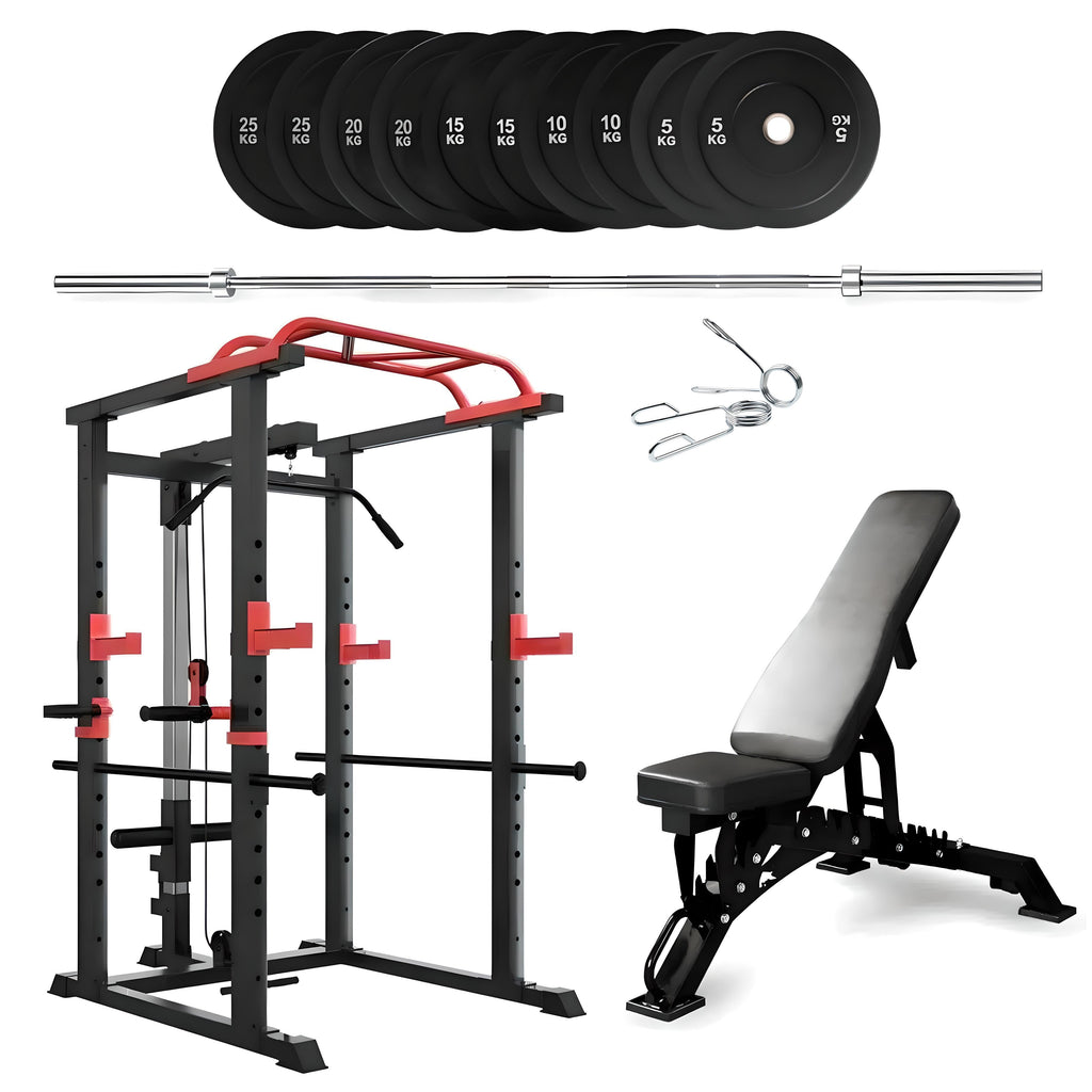 150kg Bumper Plates + Power Multi Cage + Adjustable Weight Bench + Olympic Barbell 6ft or 7ft